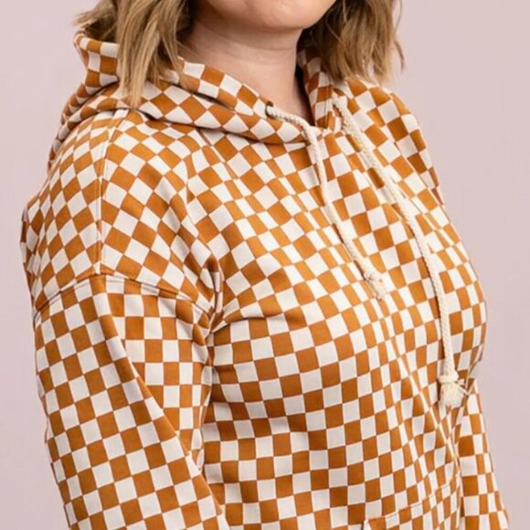NWT Ampersand Camel & Cream Hoodie Y2K Retro Checkerboard Fall Streetwear Size M - Picture 1 of 8